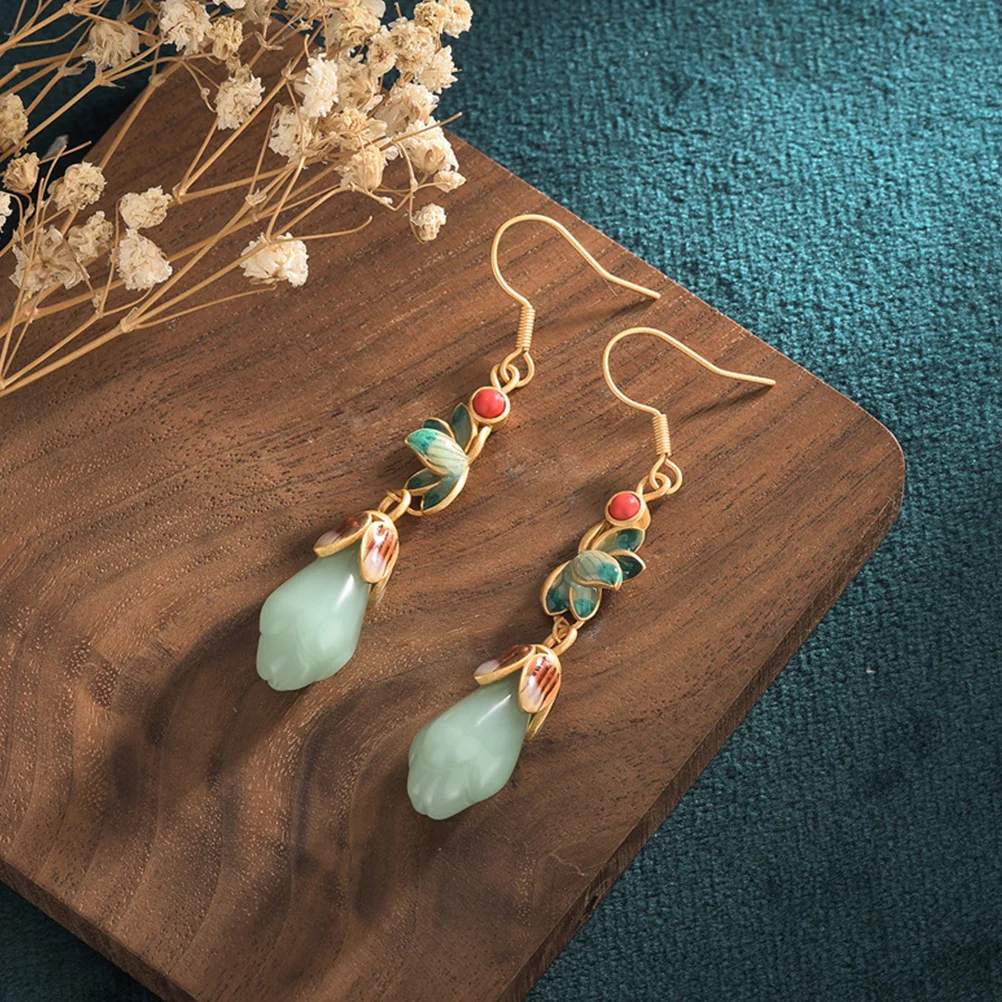 

1Pair Magnolia Drop Earrings Vintage Jade Dangle Earrings Lightweight Chinese Style Jade Jewelry for Women