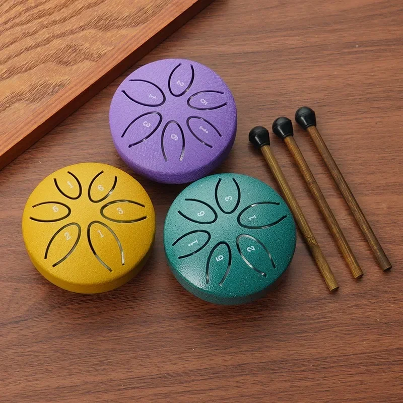 3 Inches 6 Tones Steel Tongue Drum Outdoors Rain Drums Instrument Mini Hand Drum Ethereal Drums Sticks Percussion Accessories