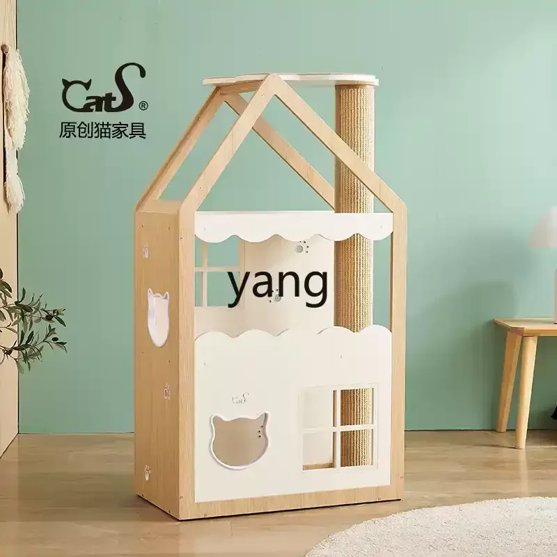yjq color matching big wooden house cat climbing frame solid wood cat nest cat scratching column