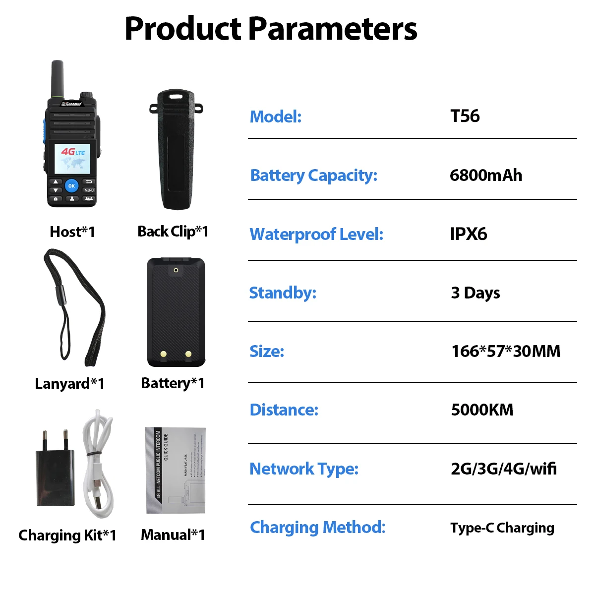 ZELLO Walkie Talkie HX-T56 4G POC 5000KM Bluetooth GPS SOS IPX68 LCD Screen Wireless Link Anti-Interference Android 5.1