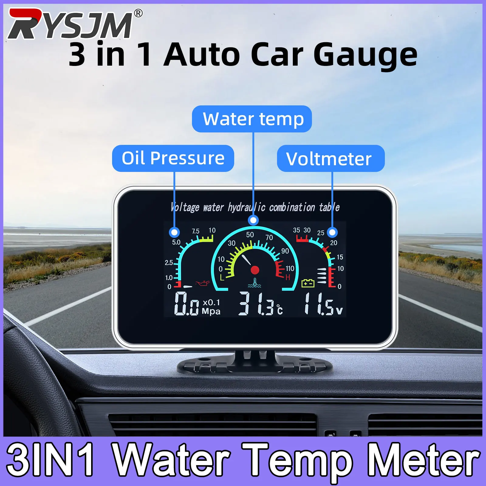 DC 12V/24V Vehicle Car LCD Water Temperature Meter Thermometer Voltmeter Oil Pressure Gauge 3in1 Digital Meter 10mm Sensor