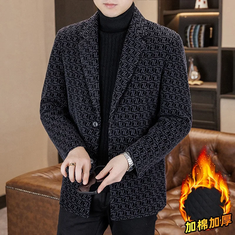 Autumn Winter Men's Medium Long Woolen Jacket Alphabet Jacquard Woolen Blended Casual Jacket Lapel Business Social Overcoat