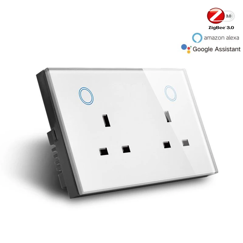 New Arrival Zigbee 3.0 Smart Wall Socket with Twin UK Power Outlet Touch Panel Glas Switch Tuya Alex Google