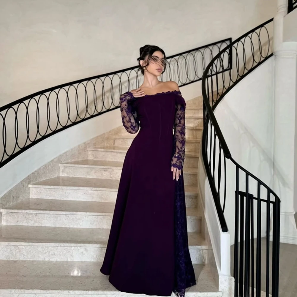 

Customized Purple boat Neck A-line Jersey Evening Dress Full ILLUSION Lace Sleeves Backless Floor Length Party Prom Gown