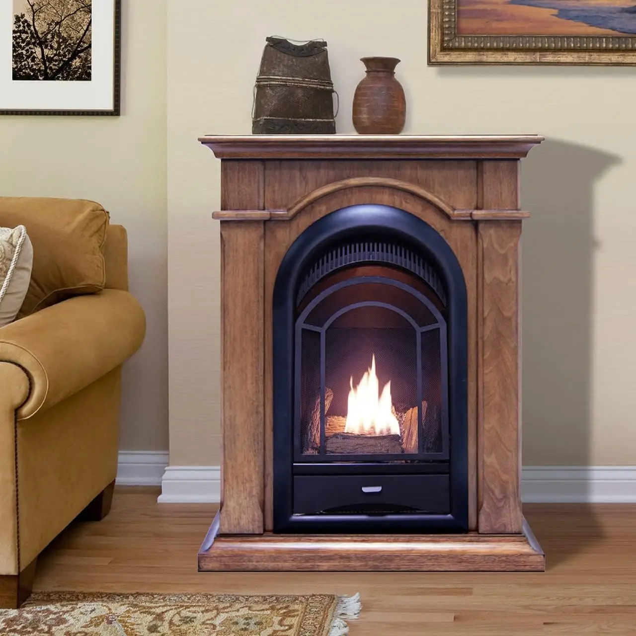 Dual Fuel Ventless Gas Fireplace System with Mantle, Thermostat Control, 4 Fire Logs, Use with Natural Gas or Liquid Propane, image 2