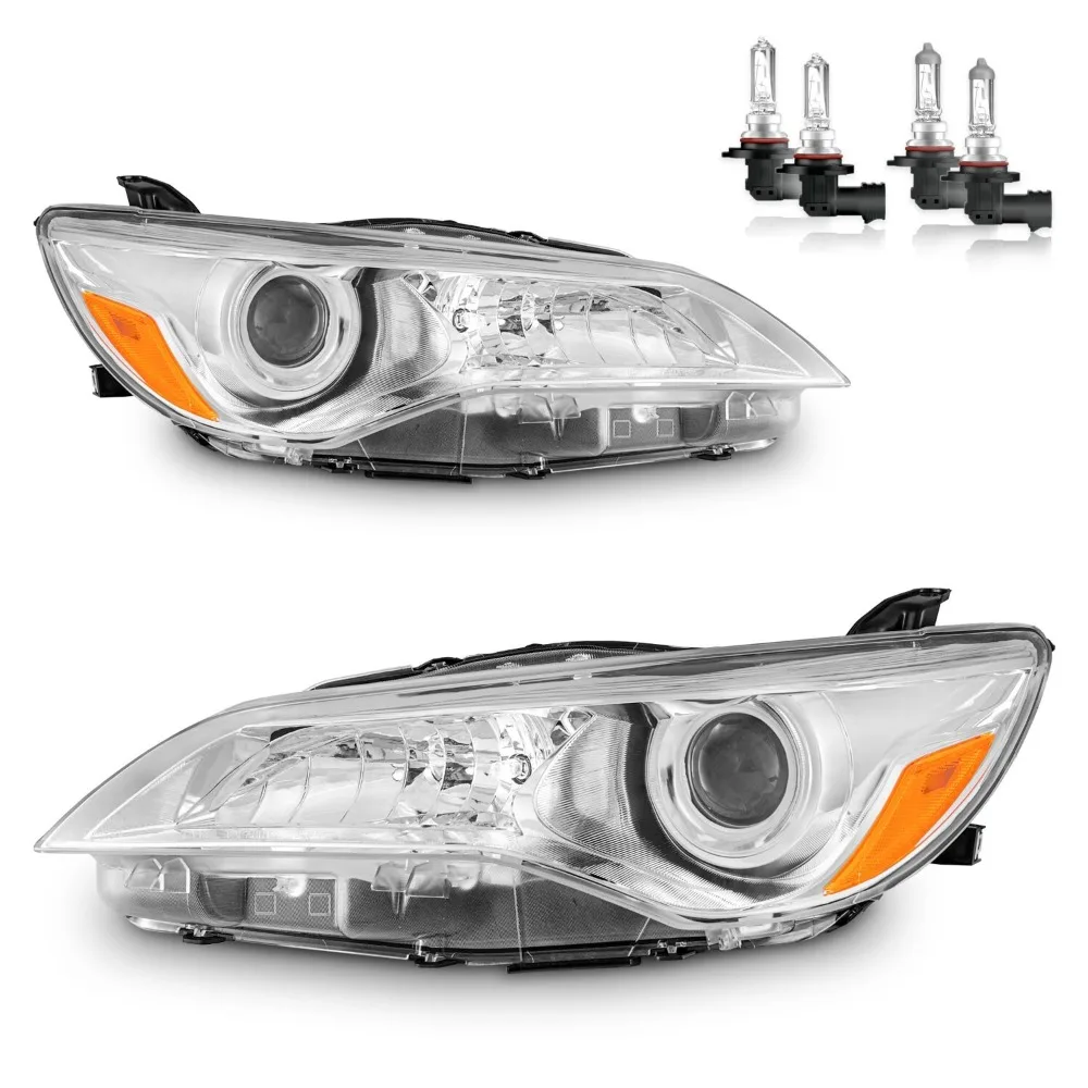 

Pair Headlights For 2015 2016 2017 Toyota Camry Chrome Headlamps w/ Bulbs