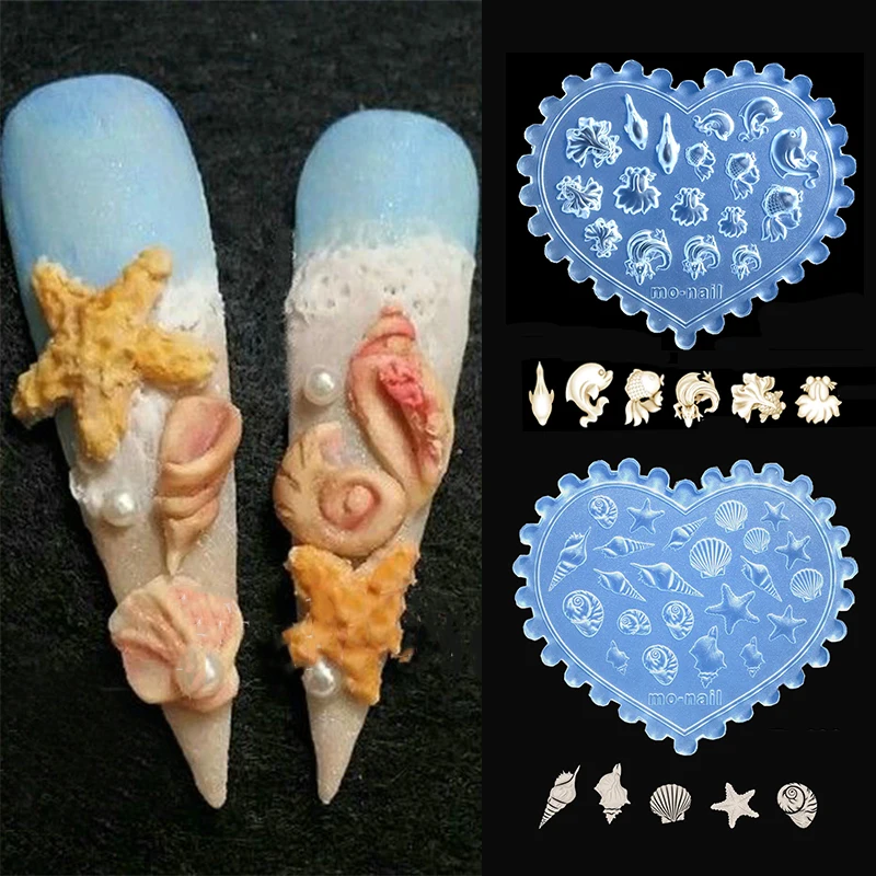 1 pçs oceano tema concha do mar peixinho dourado estrela do mar cereja morango 3d acrílico molde de unhas decorações diy silicone manicure molde
