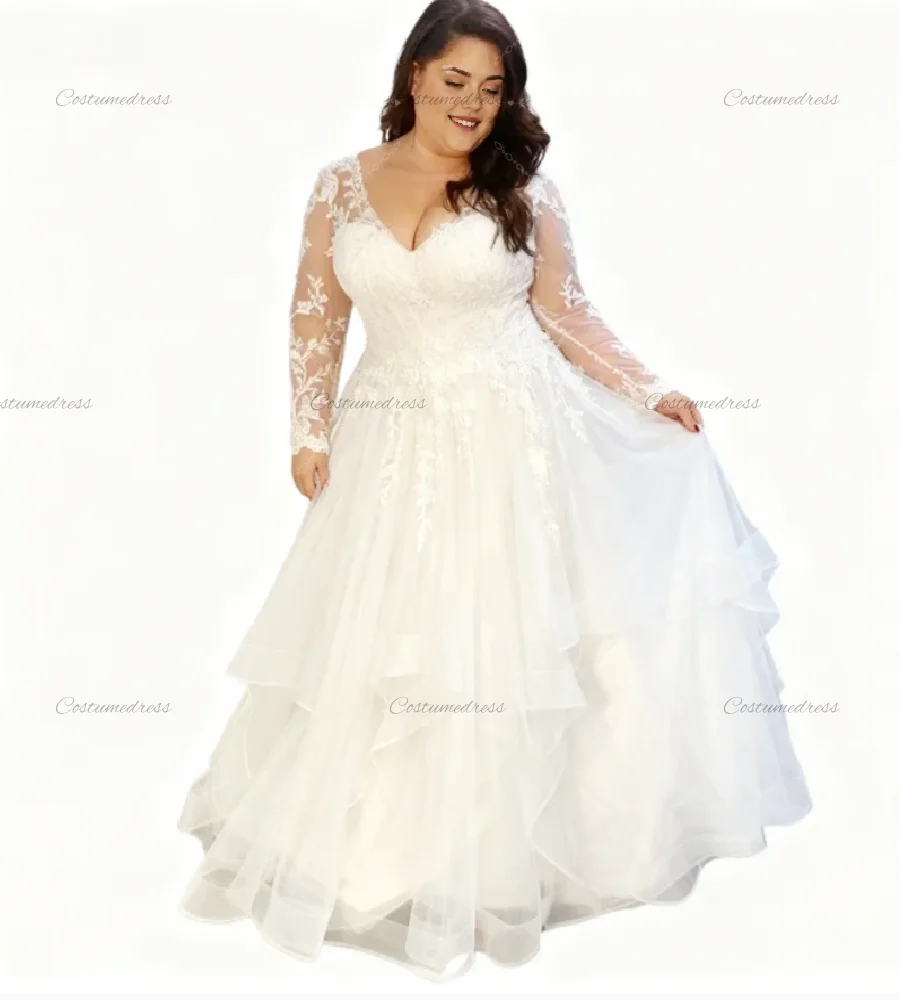 Elegant Plus Size Curvy Wedding Dress 2026 V Neck Long Sleeve Rustic Country Bride Dress Bohemian Gatsby Garden Elopement  Bride