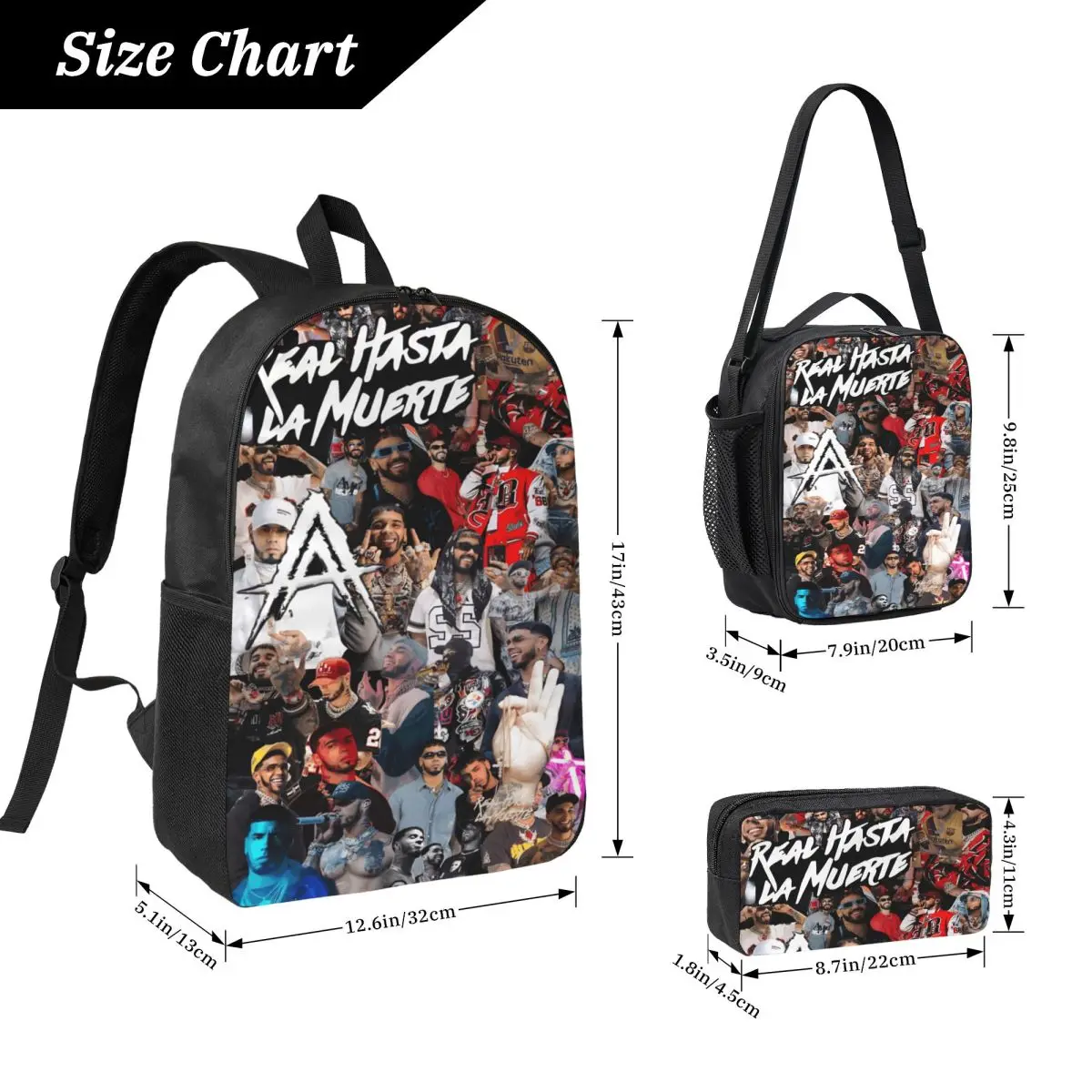 3Pcs Anuel AA Rapper Singer School bags Set for Children Pen Bags Backpack Sets with Lunch Box For School Students Daypack