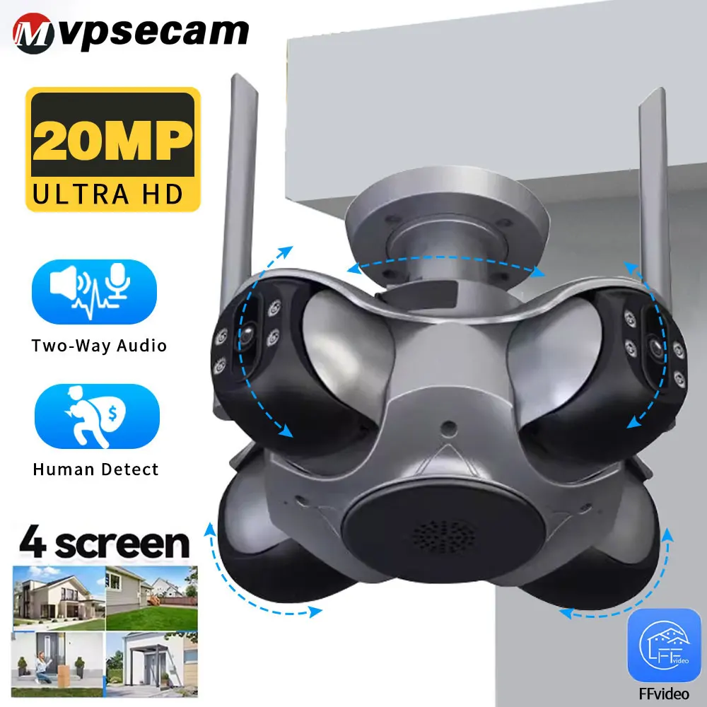 

4 Lens 4 Screen 20MP WIIF Security Camera Outdoor Color Night Panoramic View Wireless CCTV Video Surveillance Camera
