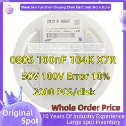 Capacitor genuíno do remendo de X7R, disco inteiro, erro 10% material, 0805, 100nF, 0.1uF, 104K, 25V, 50V, 2000 PCes, 2012