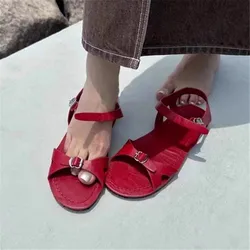 2024 New Fashion Red Women Sandals Summer Gladiator Sandalias Buckle Flat Shoes Woman Casual Beach Flats Designer Zapatos Mujer