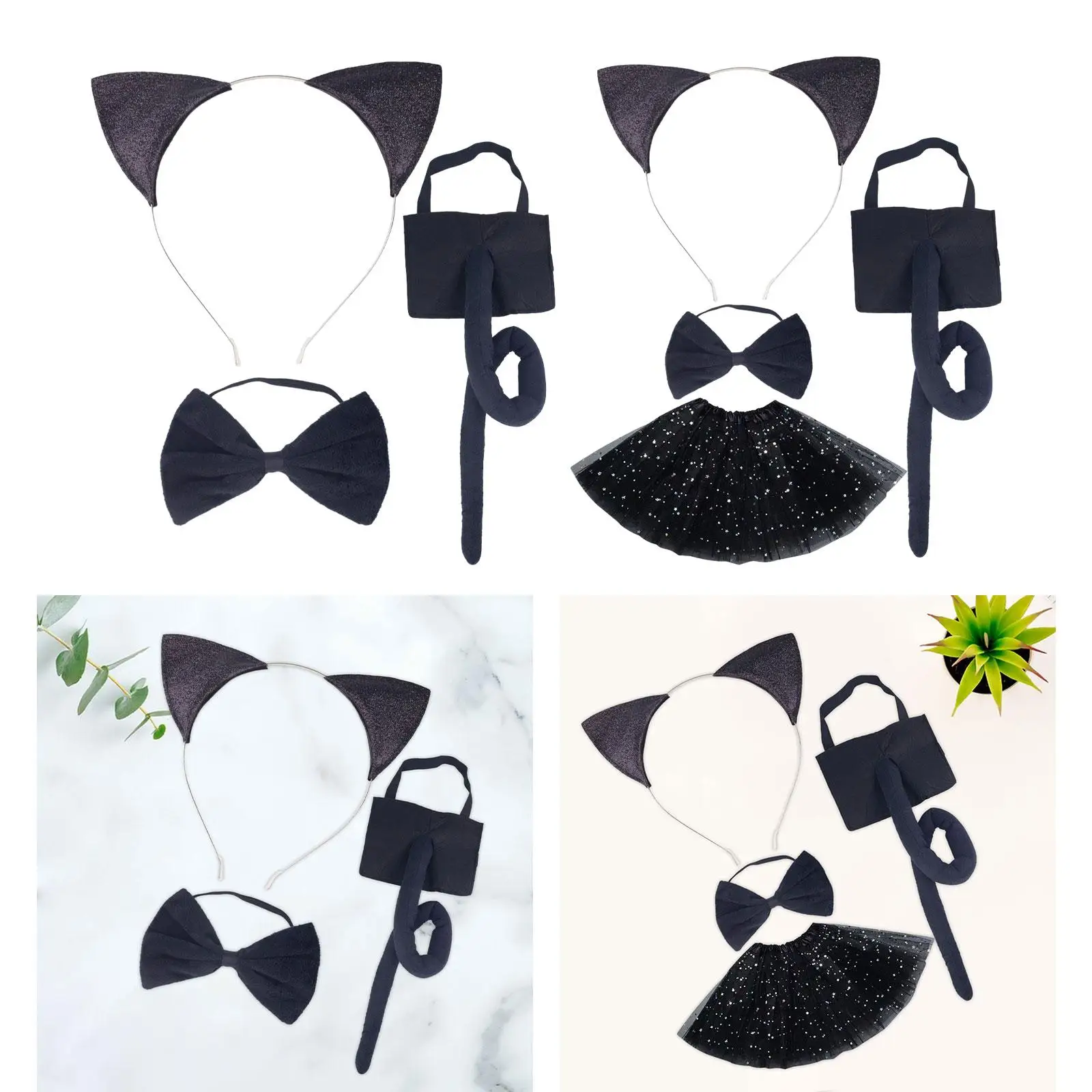 Kids Cat Ears, Bow Tie and Tail Set for Children Stage Performance Halloween