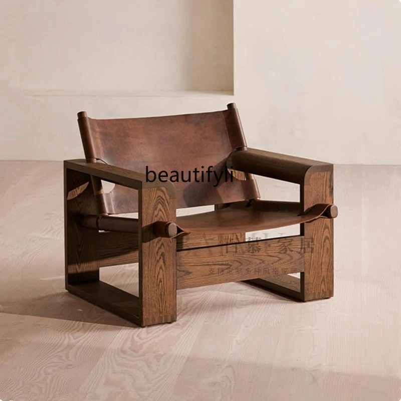 

Wabi Sand Wind Retro Solid Wood Saddle Leather Single Sofa Chair Living Room Leisure Back Chair Hotel Designer Single Chair