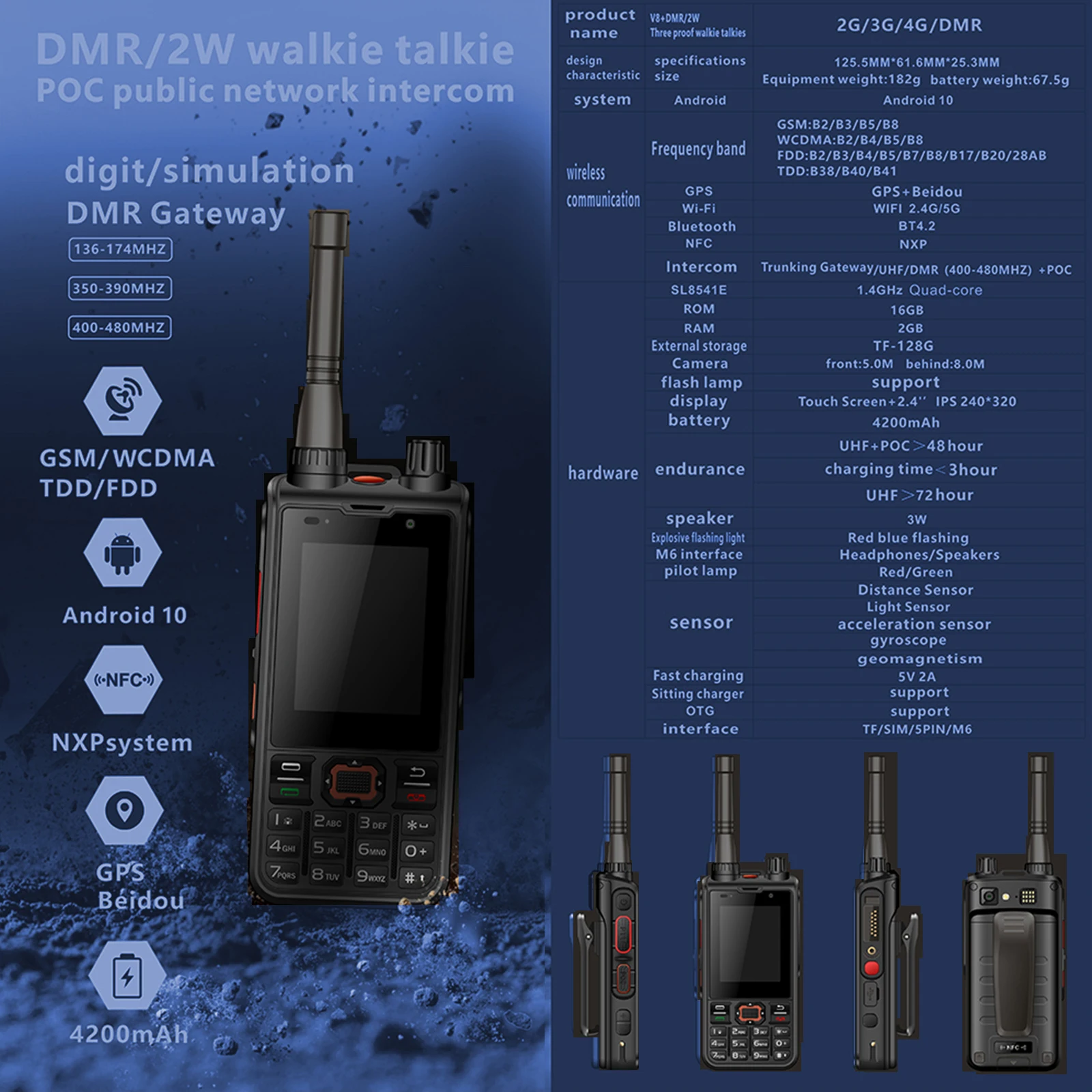 

NEW W8+ DMR 2W POC Mobile Network Radio Public Intercom Adroid10 5G Phone Long Range Digit/simulation GPS Beidou Walkie Talkie