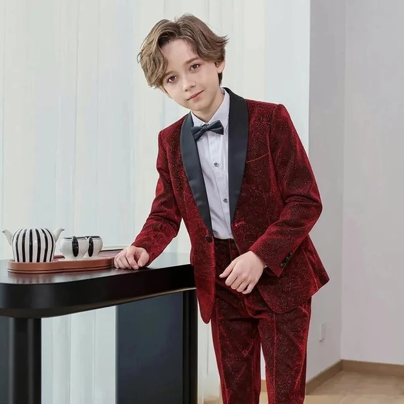 

Red Velvet Boy's Formal Suit Set with Bow Tie, Classic Lapel Collar Long Sleeve Jacket and Trousers, Perfect for Wedding, Party
