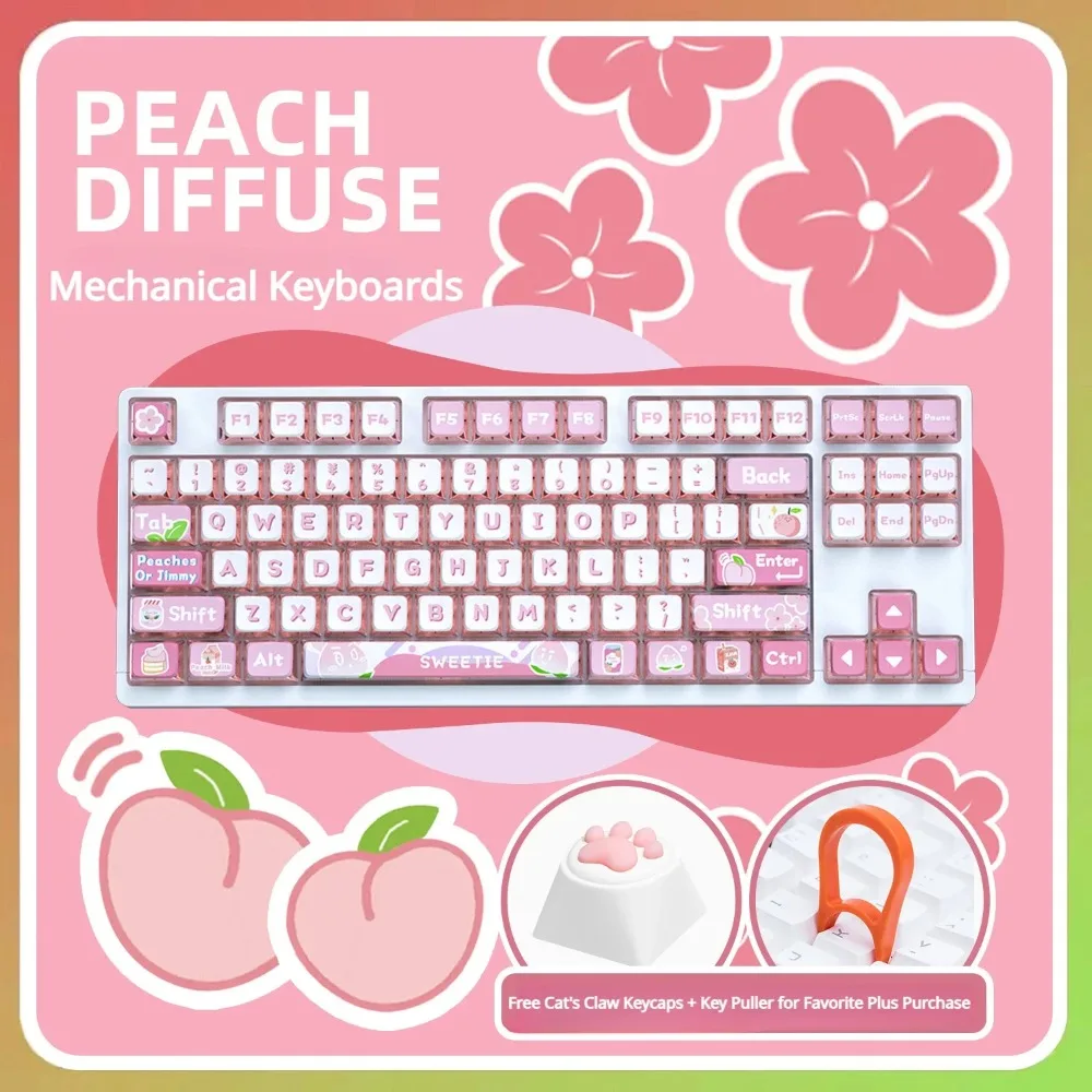 Wired Type-C Mechanical Keyboard 104key Cute Strawberry Pink Theme Backlight Hot Swap Custom Office Game Keyboard Girl PC Laptop