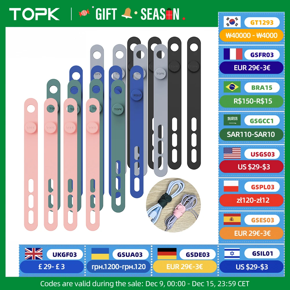 TOPK Silicone Cable Ties Assorted Color Reusable Heavy Duty Cable Organizer Management for Fastening Cords and Wires