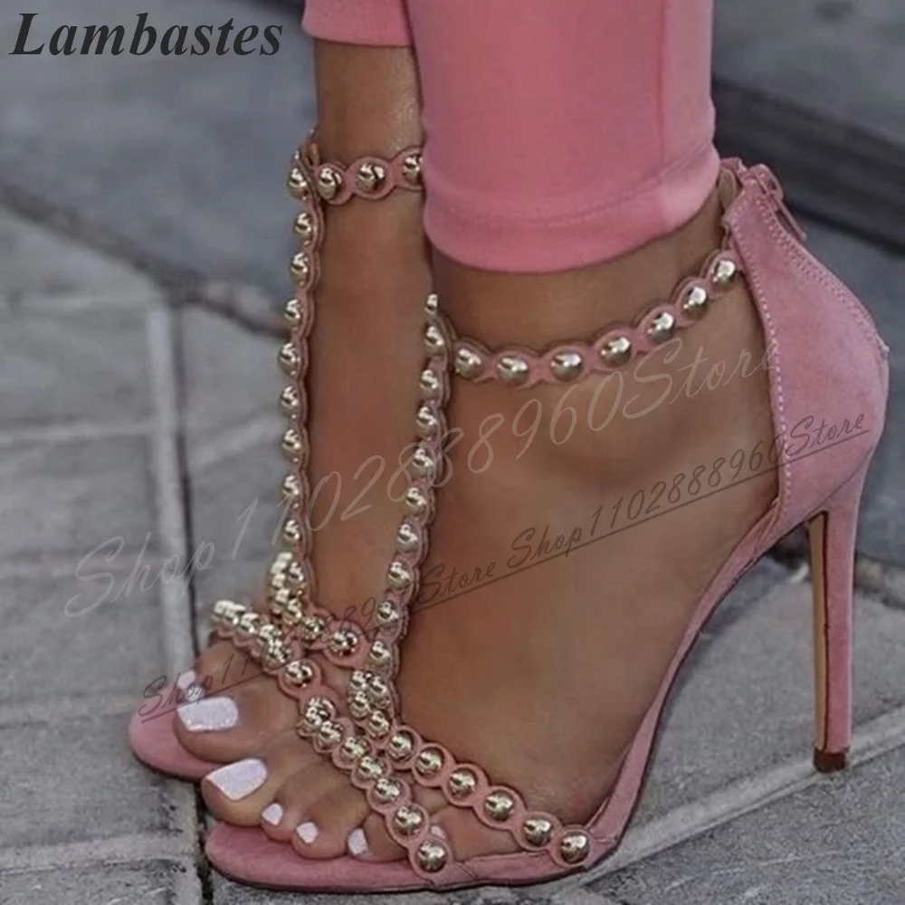 

Trendy Pink Flock T Strap Rivet Decor Sandals Thin High Heel Shoes For Women Back Zipper Open Toe 2024 Fashion Zapatillas Mujer