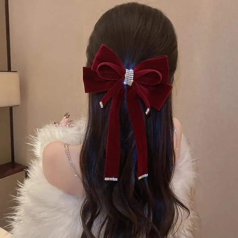 

Velvet Bow Long Hair Clips Rhinestone Ribbon Hairpins Spring Fashion Headdress Party Wedding Barrette Hair Accessories for Women