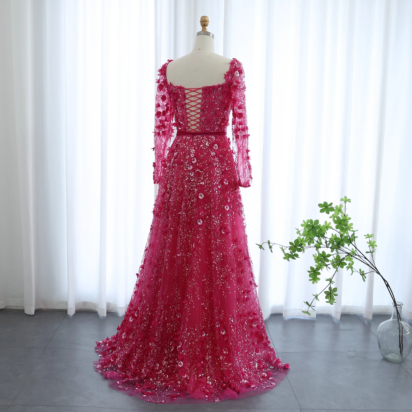 Sharon Said-Robe de Soirée de Luxe Grise à Fleurs 3D pour Femme, Tenue à Manches sulf, Forme Trapèze Arabe, Personnalisée, SS353