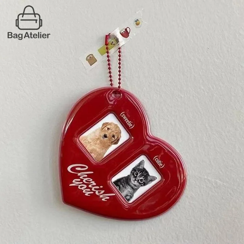 Korean Fashion Red Heart Picture Book Bag Pendant Keychain Vintage Charm Card ID Photo Display Case Keychain PVC Card Holder Y2K