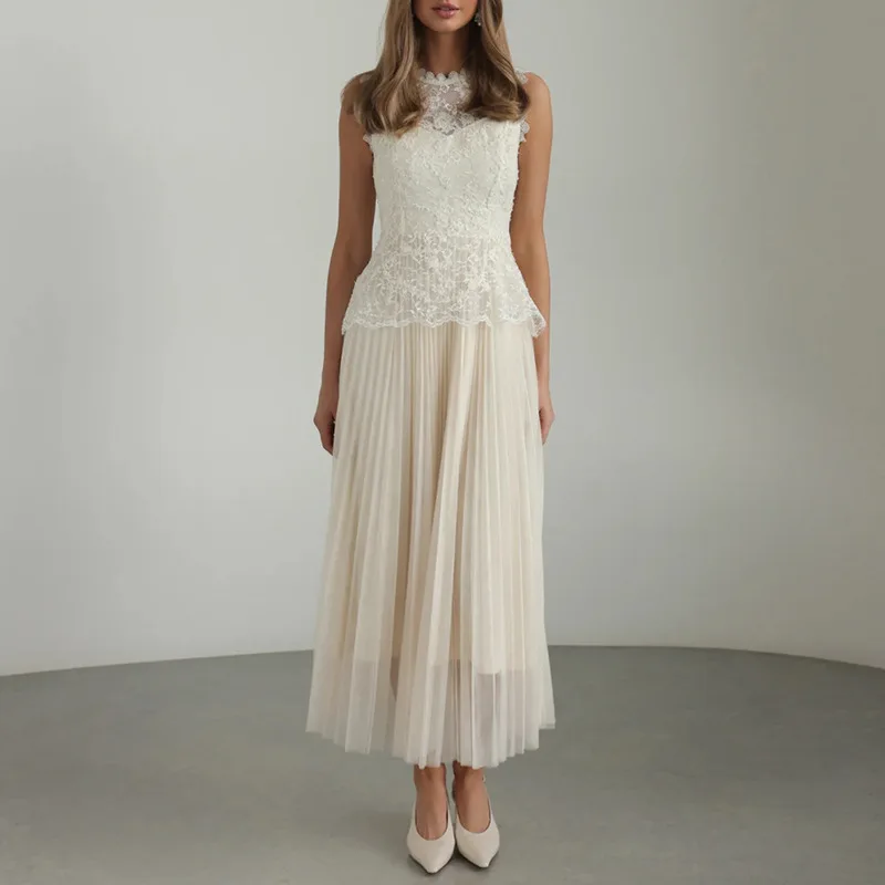 

Fashion Embroidered Splicing Mesh Dresses Spring Women Sleeveless O Neck Long Dress Summer High Waist Zipper Knee Length Dress