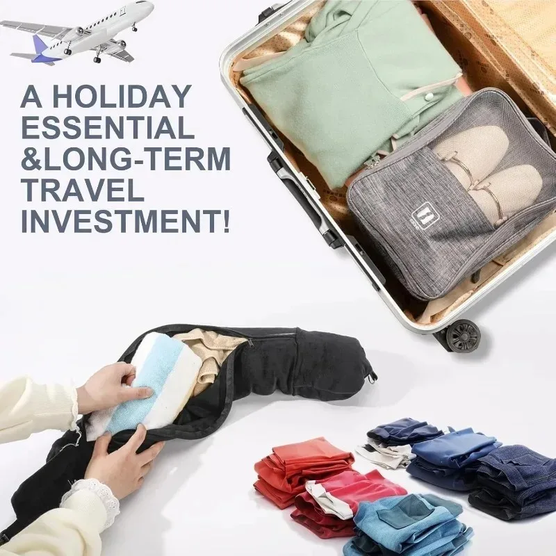 

Складная дорожная подушка для шеи, без наполнителя, с возможностью хранения одежды, с регулируемым шнуром, сумка для хранения, подходит для путешествий