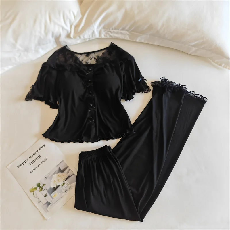 

New Two-Piece Women's Pajamas Summer Short Sleeve Pyjamas Nightwear Woman Sleeping Clothes Lace Room Wear Ladies Pijama