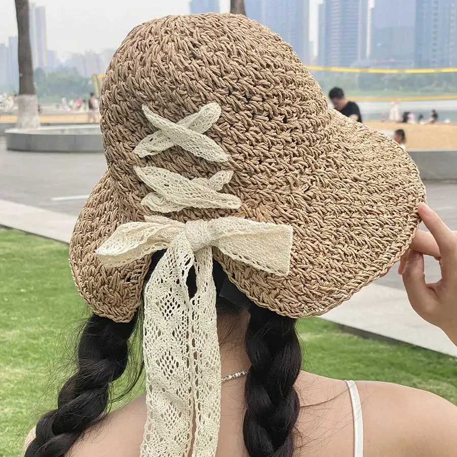 Fairy Lace Strap Hand Hooked Straw Hat Summer Excursion Sunscreen Big Brim Hat Handmade Sun Hat Beach Vacation Bow Tie