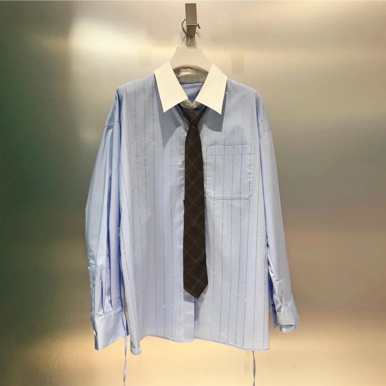 

Новая свободная длинная блузка в синюю полоску для женщин премиум-класса Faion, осенне-зимняя галстук Ne Design, повседневная удобная хлопковая блузка