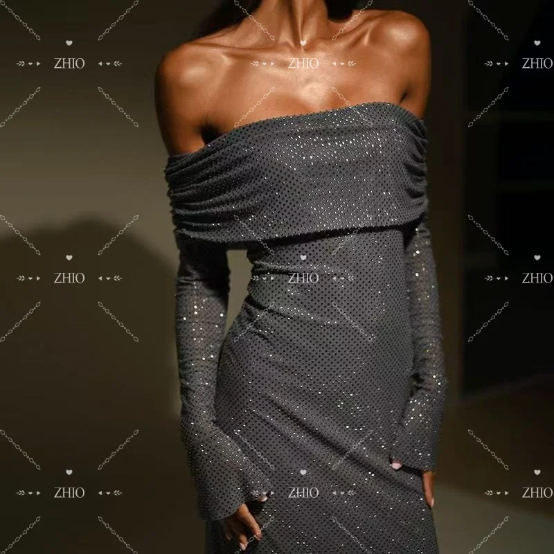 ZHIO Sparkly Zeemeermin Avondjurk Off Schouder Volledige Mouwen Lange Glanzende Prom Jassen voor Vrouwen Dubai Saudi Aangepaste فسات