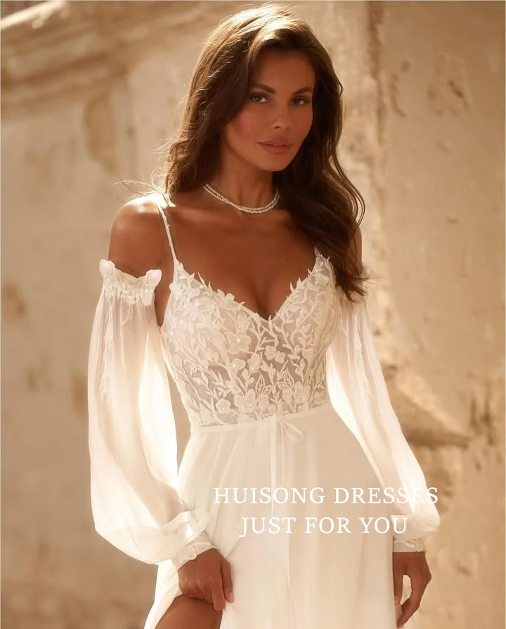 HUISONG Suknie ślubne w stylu boho z szyfonu, z koronkowymi aplikacjami, długie rękawy, dekolt w serce, fason A-line, sukienka dla panny młodej na plażę, szyta na miarę.