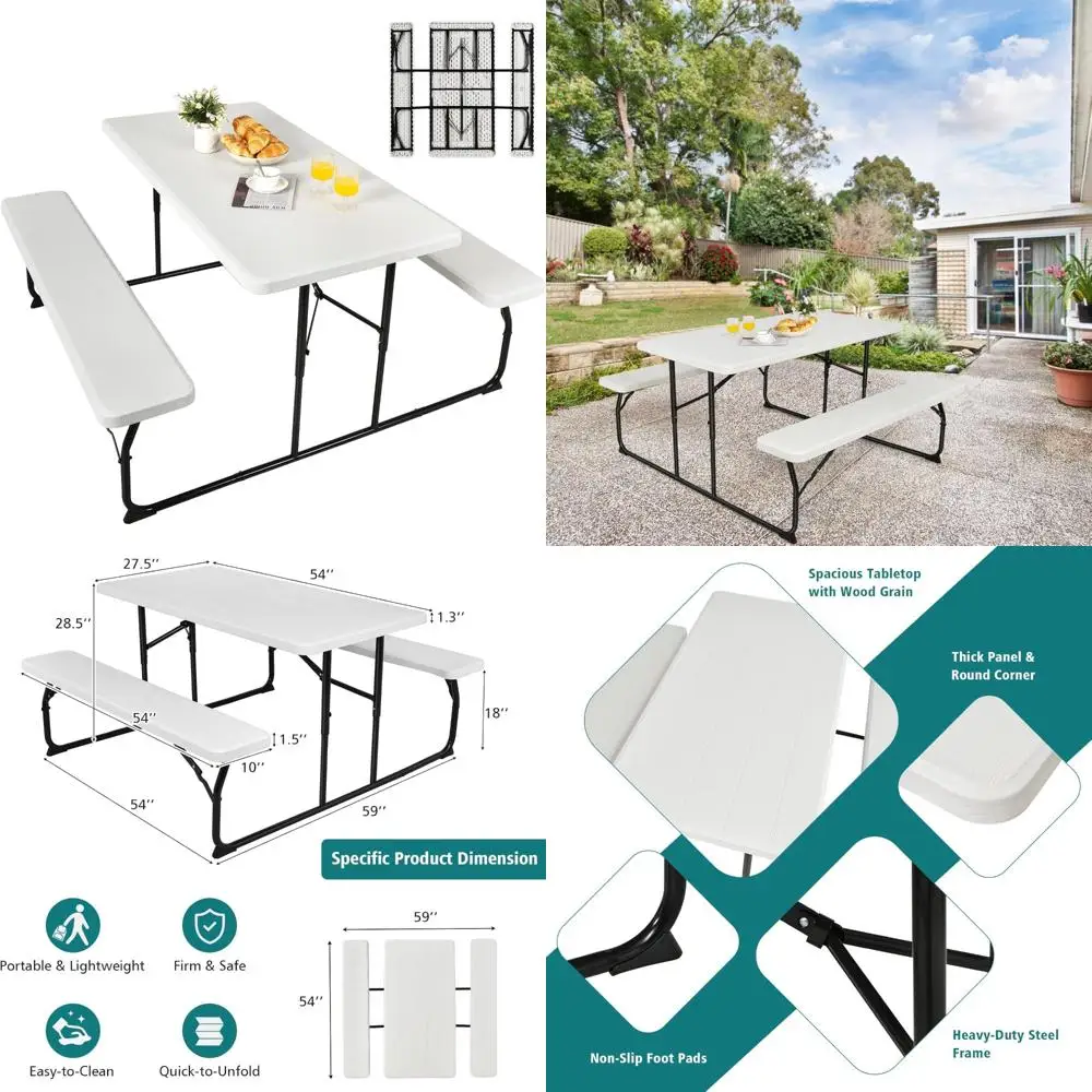 

Складной уличный стол для пикника с 2 скамейками, прочный пластиковый стол и набор скамейки, складной со стальным каркасом, отделка под дерево, я