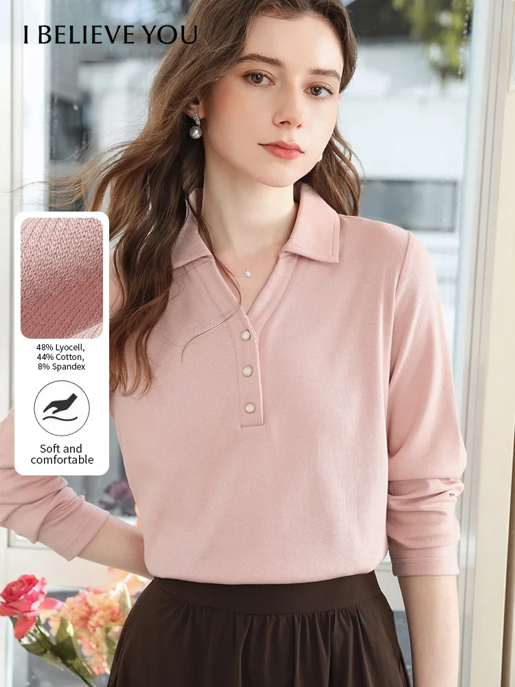 

I BELIEVE YOU Lyocell Pink T-shirt Top for Women 2025 Autumn Polo Collar V-neck Casual Tops Sweet Long Sleeves Tees 2253016103