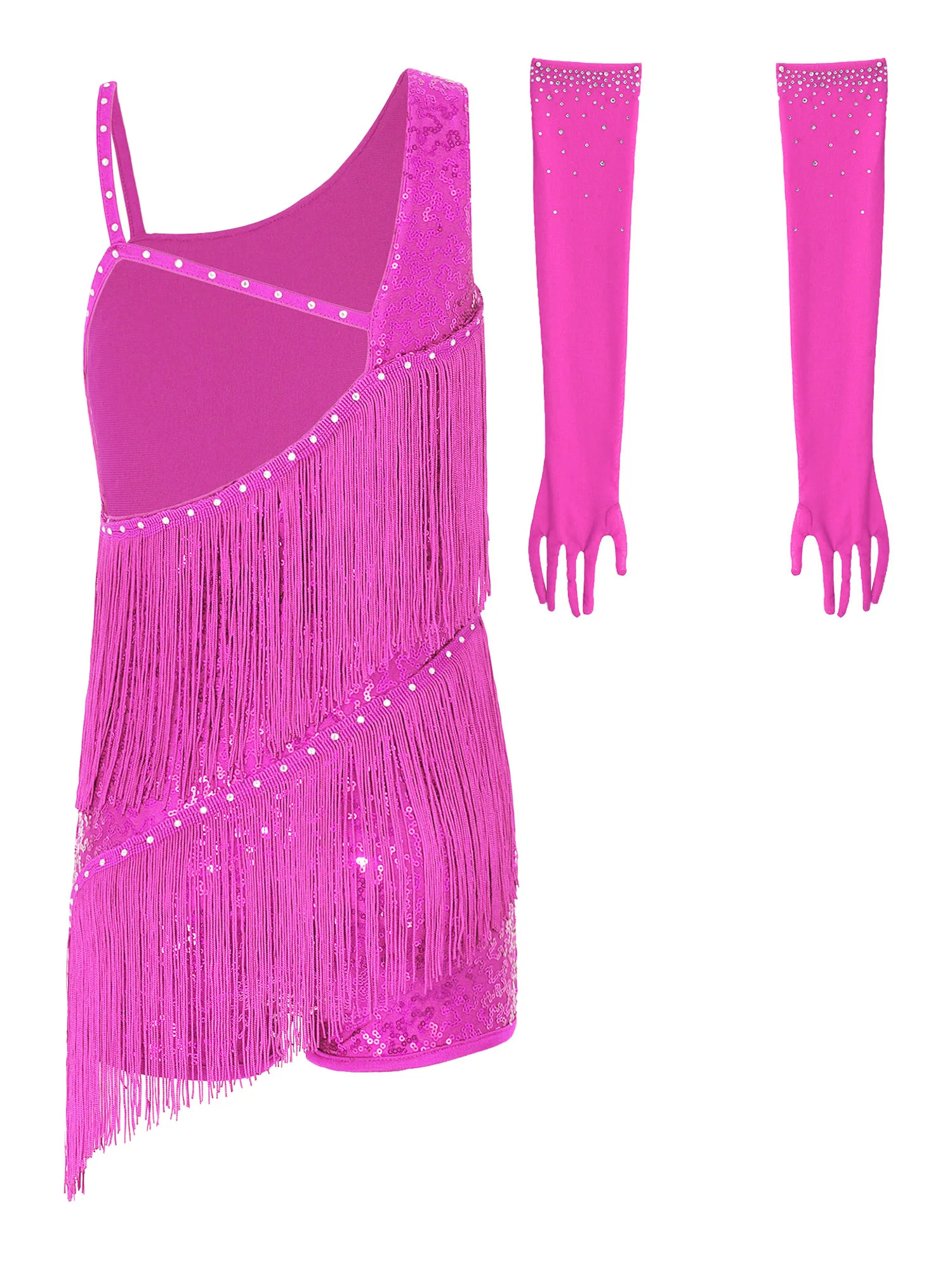 

Salsa Dancewear Sequins One Shoulder Tassels Bodysuit with Gloves Kids Girls Fringed Latin Dance Leotard Tango Rumba Bodysuits