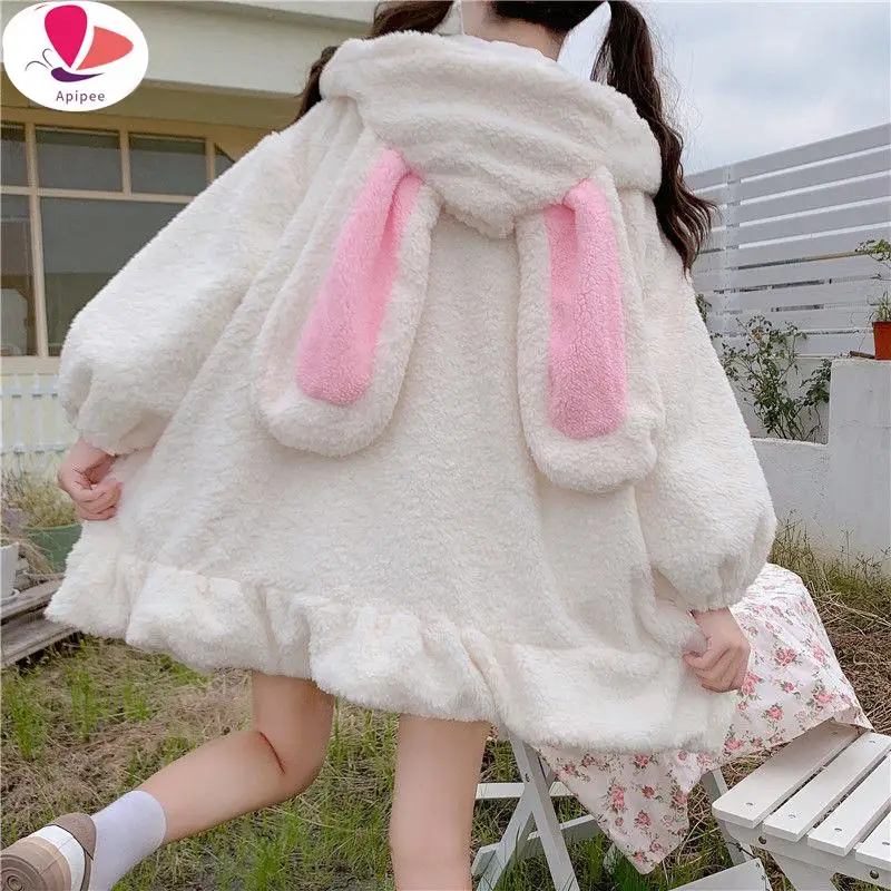 Zip Up Jacket Jacket Women Lolita Teddy Rabbit Ears Hooded Soft Girl Ruffle Faux Wool Coat Lambswool  Cotton Thick Outer New