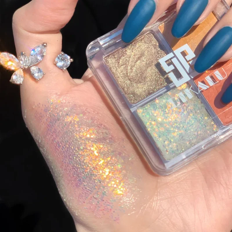 Palette de fards à paupières à paillettes 4 couleurs, nuances citrouille et cerise, tons bleu/or/jaune pour maquillage de cosplay et de fête, vente claire Mini
