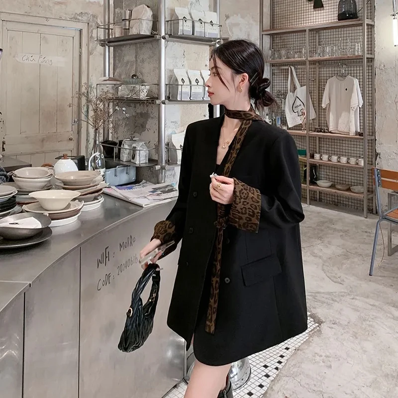 Luipaardprint Tie Neck Blazer Dames Zwart Los Casual Patchwork Jas Lange Mouw Koreaanse Single Breasted Office Lady Jas