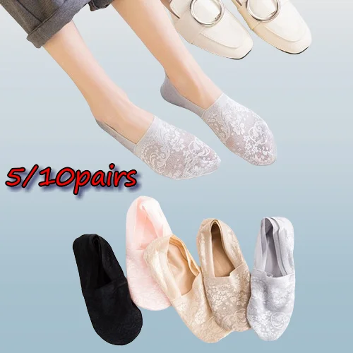 

High Quality 5/10 Pairs Socks Women's Fashion Lace Flower Summer Invisible Short No-Show Foot Ankle Set Antiskid White Boat Sock