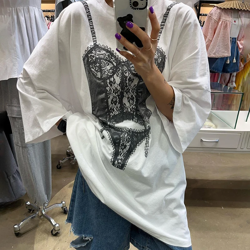 White T Shirts Tops Women Short Sleeve Graphic Streetwear Tees Blouse 2023 Summer Clothes Wholesale Items For Business