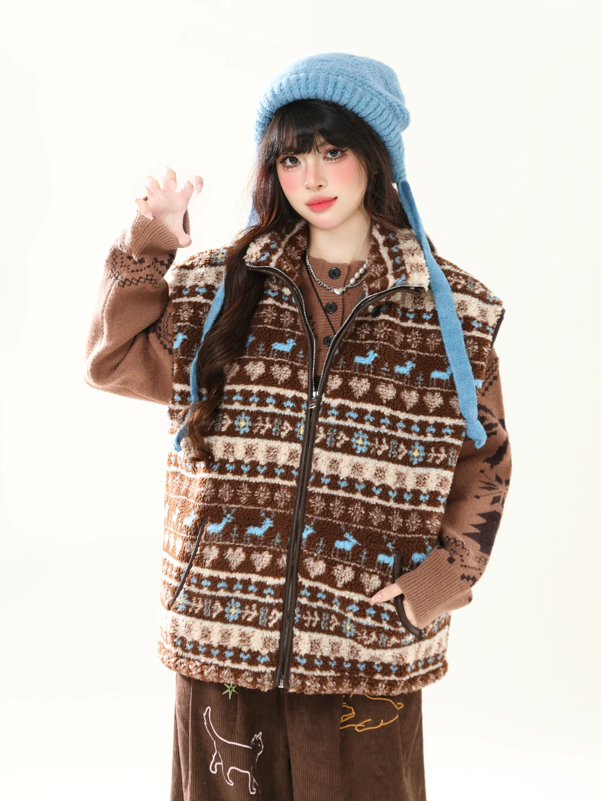 

ENJOG Brown Fair Isle Collar Lamb Fur Vest Women's Retro Loose Design Casual Cotton Jaet Thiened Zipper Closure