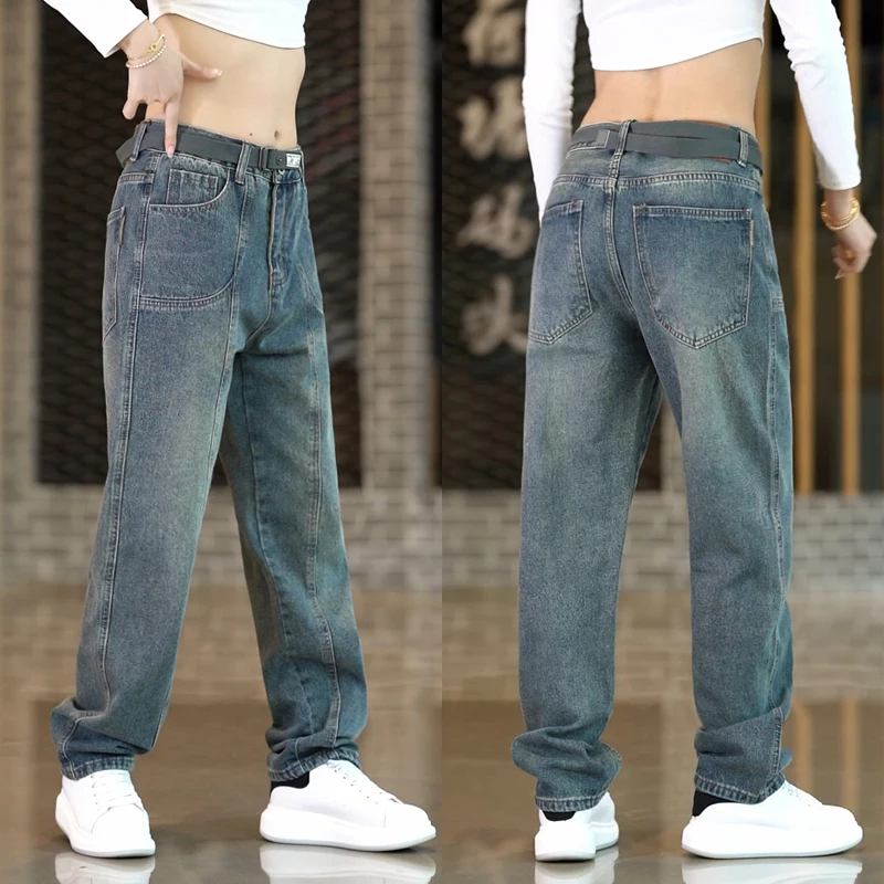 

Retro American Splicing Jeans Men's Loose Faionable Casual Straight Leg Jeans Cotton Polyester Regenerated Cellulose Fiber