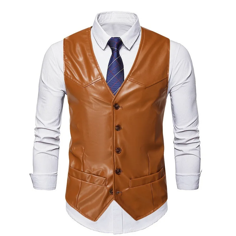 Preto vermelho laranja colete de couro falso masculino fino único breasted escritório colete sem mangas blazer colete plus size