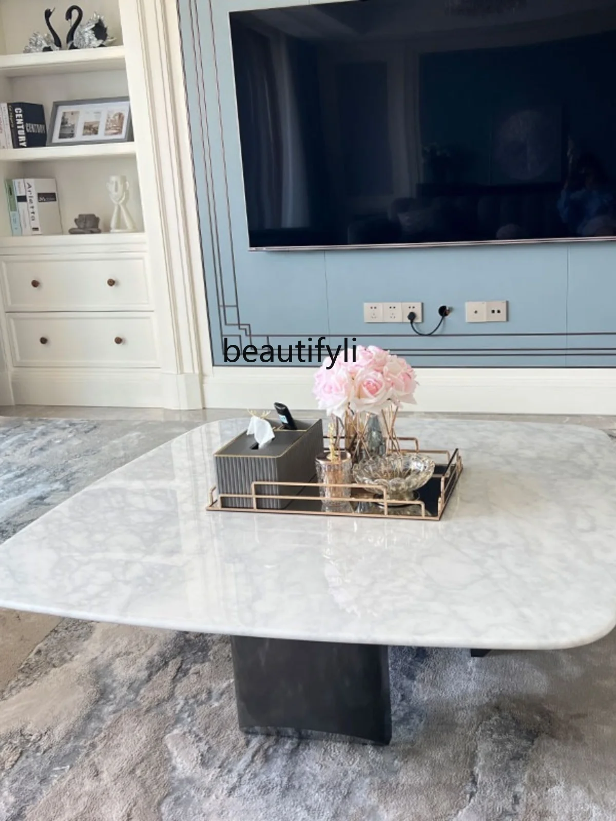 Light Luxury Minimalist Simple Luxury Stone Small Apartment Table Living Room Home Natural Marble Square round Tea Table