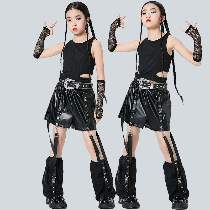 

Одежда для джазовых танцев в стиле панк для девочек, одежда K-pop, черный жилет, кожаные шорты, костюм для подиума, костюм для выступлений XH2756
