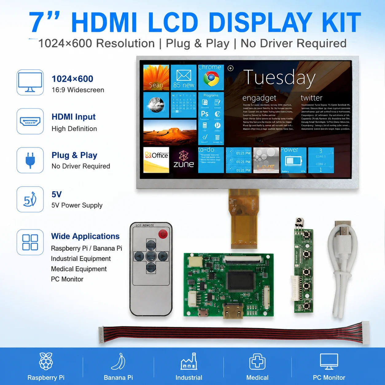 

7Inch 1024*600 HD LCD Display Screen High Resolution Monitor Control Driver Board HDMI-Compatible For Raspberry Pi Banana Pi