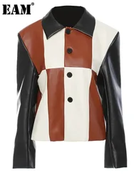 [EAM] Loose Fit Color-block Pu Leather Big Size Jacket New Lapel Long Sleeve Women Coat Fashion Tide Spring Autumn 2024 1DE3932