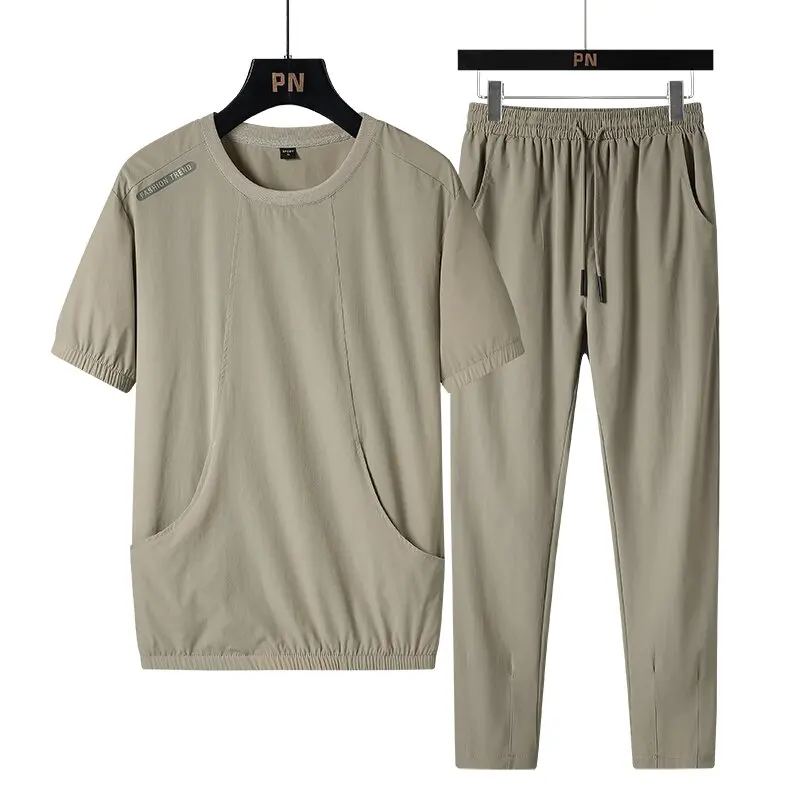 Summer New Fashion Solid Color Ice Silk Breathable Short Sleeve Pant Suit Men's Casual Loose Sports Large Size Two-Piece Set