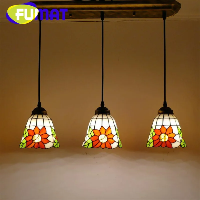 

FUMAT Tiffany style stained glass Garden Sunflower vintage Pendant lamp for bar restaurant cafe multi-head chandelier LED decor